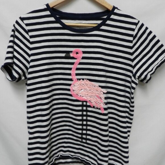 J Crew pink Flamingo sequin knit top blouse striped t-shirt Size Sz Large Lg L - Picture 3 of 8